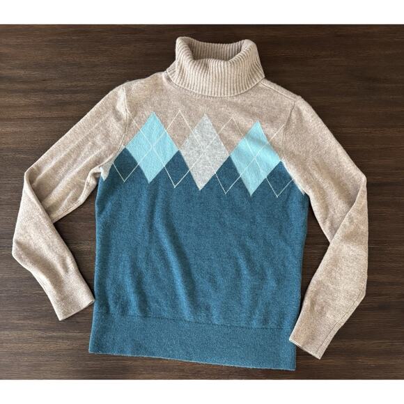 Lands End 100% Cashmere Sweater Women’s XS Beige Blue Turtleneck - Picture 1 of 7